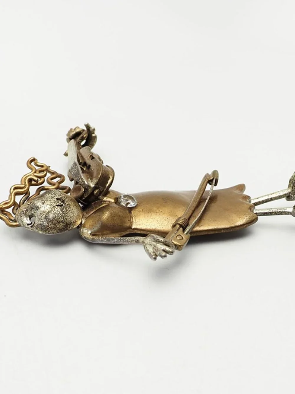 Woman figure playing violin sterling silver brass crystal pin by Sharon Seggi